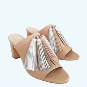 Loeffler Randall Cleo Tan Silver Leather Tassel Mules Shoes Chunky Wooden Heel 8